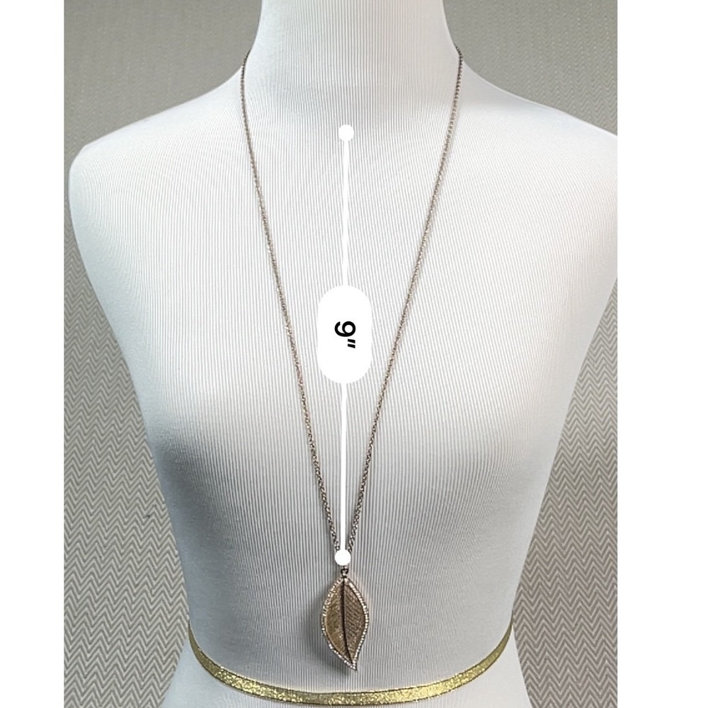 Aldo Leaf Pendant Necklace Antique Gold Tone Pave Rhinestone Long Necklace - Picture 6 of 9